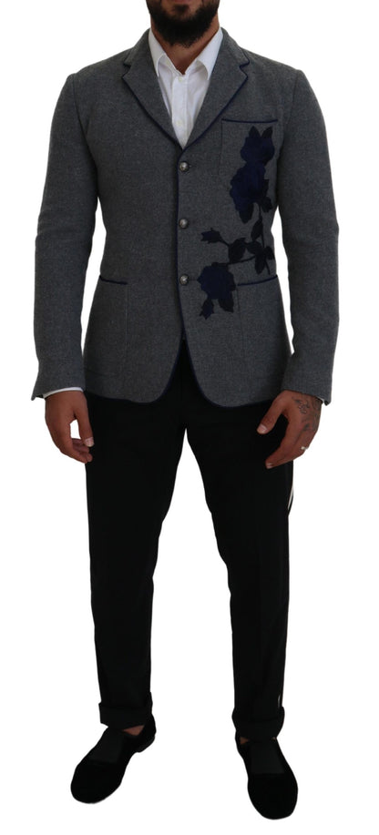 Dolce & Gabbana Elegant Gray Wool Blazer with Blue Rose Embroidery Dolce & Gabbana