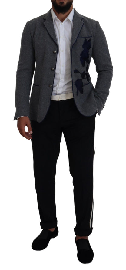 Dolce & Gabbana Elegant Gray Wool Blazer with Blue Rose Embroidery Dolce & Gabbana