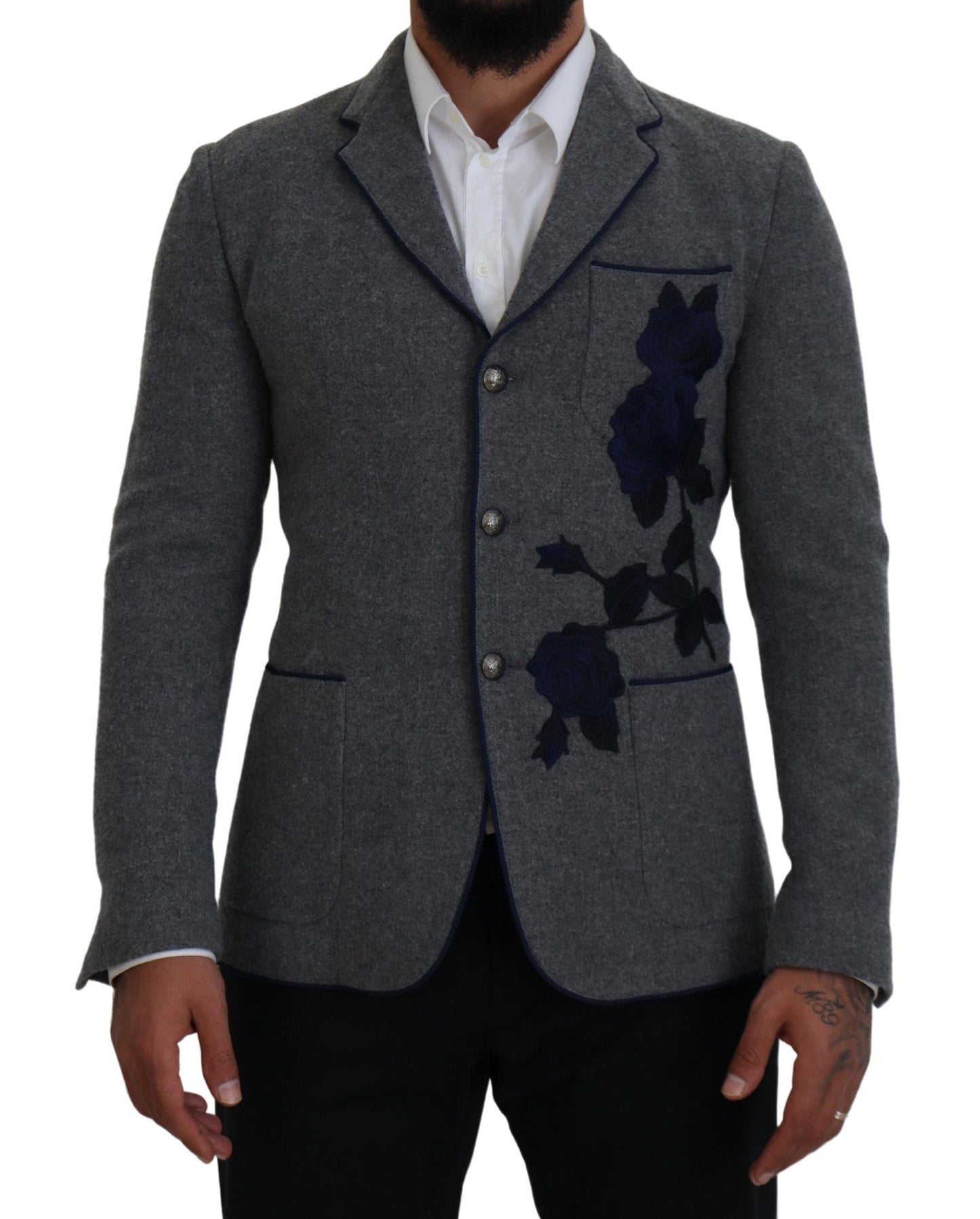 Dolce & Gabbana Elegant Gray Wool Blazer with Blue Rose Embroidery Dolce & Gabbana