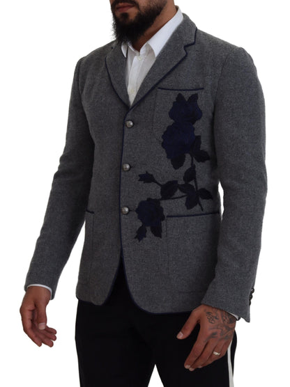 Dolce & Gabbana Elegant Gray Wool Blazer with Blue Rose Embroidery Dolce & Gabbana