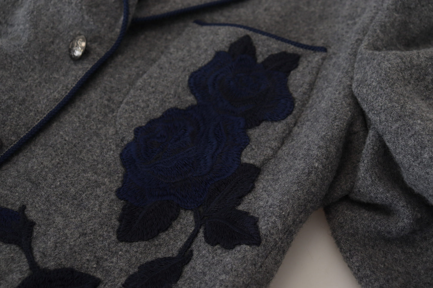 Dolce & Gabbana Elegant Gray Wool Blazer with Blue Rose Embroidery Dolce & Gabbana