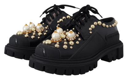 Dolce & Gabbana Timeless Black Leather Derby Flats with Glam Accents Dolce & Gabbana