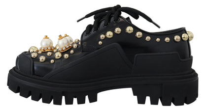 Dolce & Gabbana Timeless Black Leather Derby Flats with Glam Accents Dolce & Gabbana