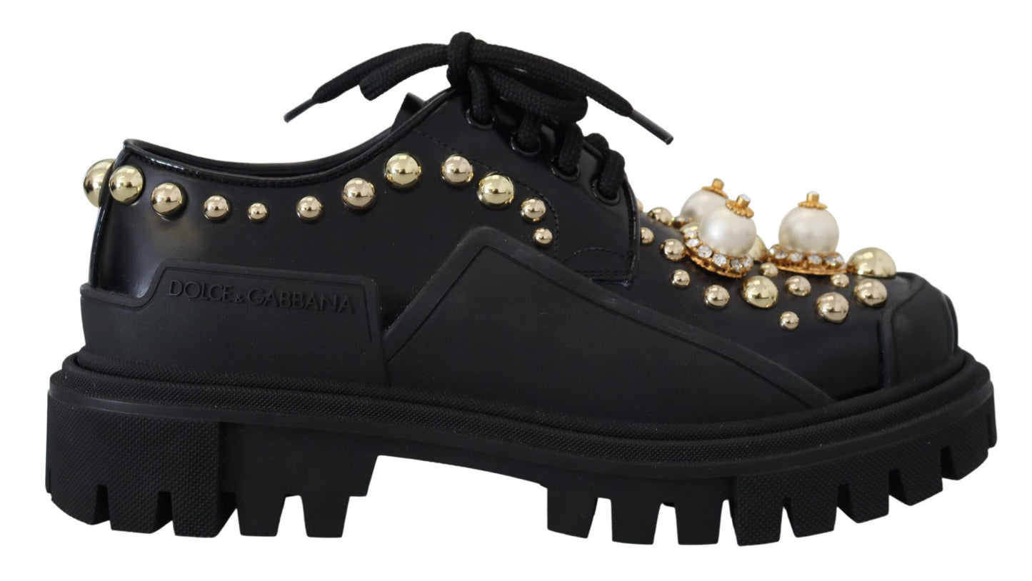 Dolce & Gabbana Timeless Black Leather Derby Flats with Glam Accents Dolce & Gabbana