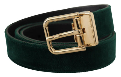 Dolce & Gabbana Emerald Velvet Designer Belt with Golden Buckle Dolce & Gabbana