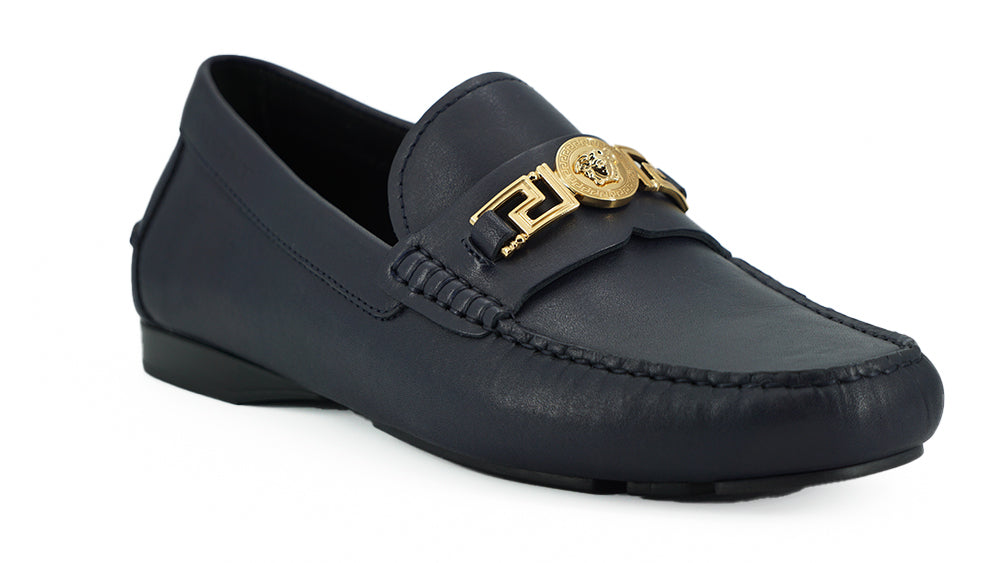 Versace Elegant Navy Blue Calf Leather Loafers Versace