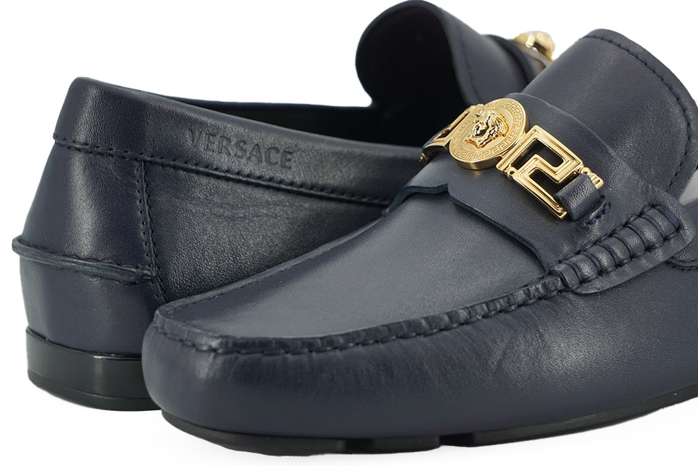 Versace Elegant Navy Blue Calf Leather Loafers Versace