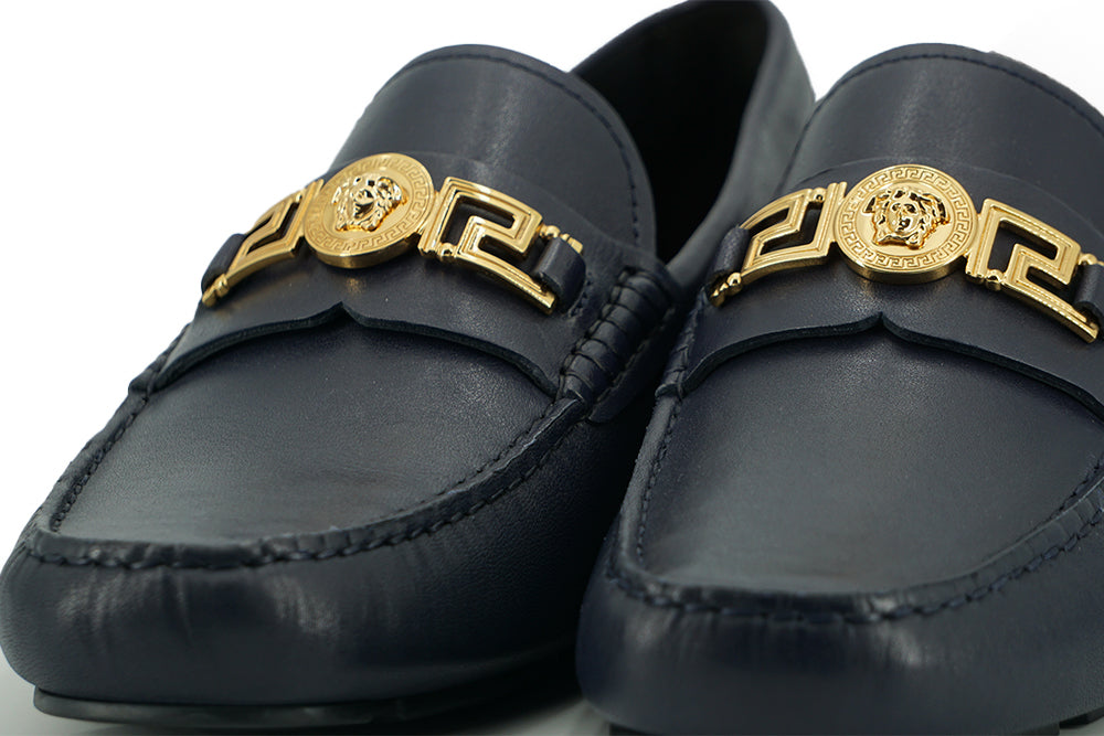 Versace Elegant Navy Blue Calf Leather Loafers Versace