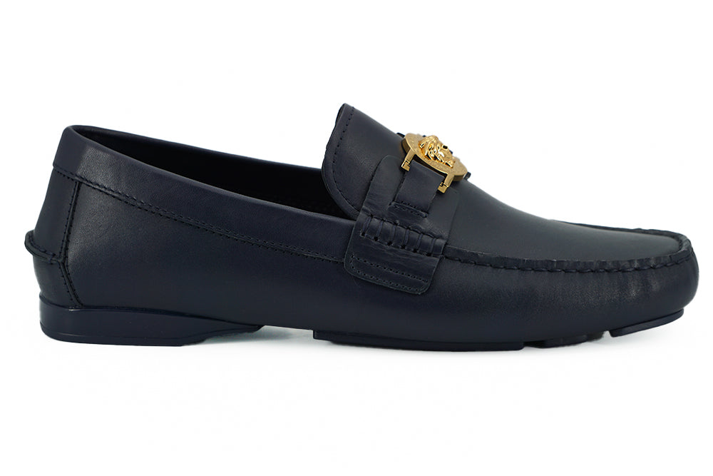 Versace Elegant Navy Blue Calf Leather Loafers Versace