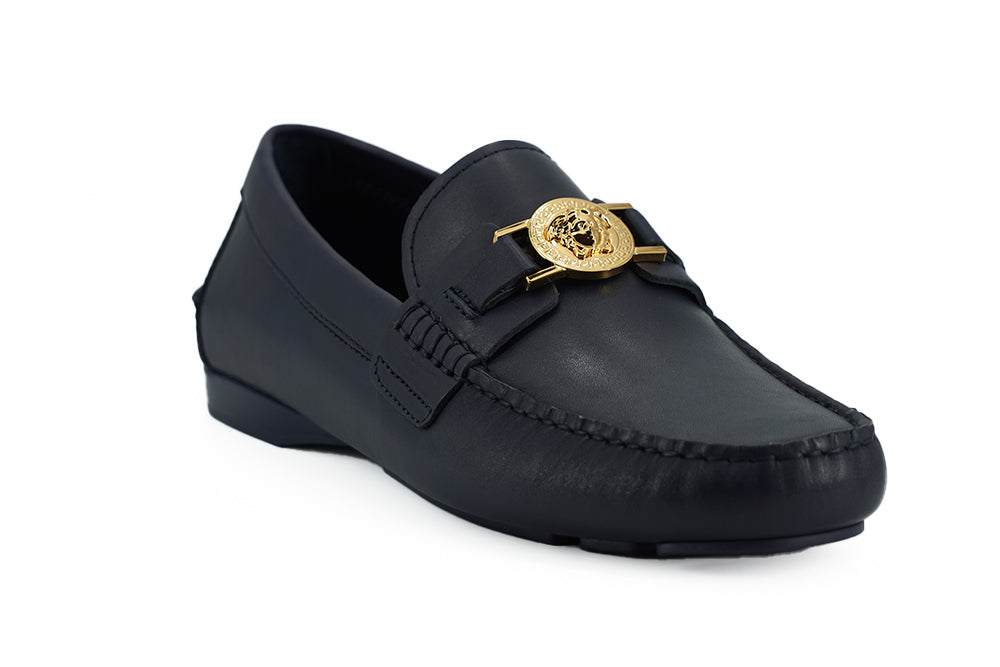 Versace Elegant Navy Blue Calf Leather Loafers Versace