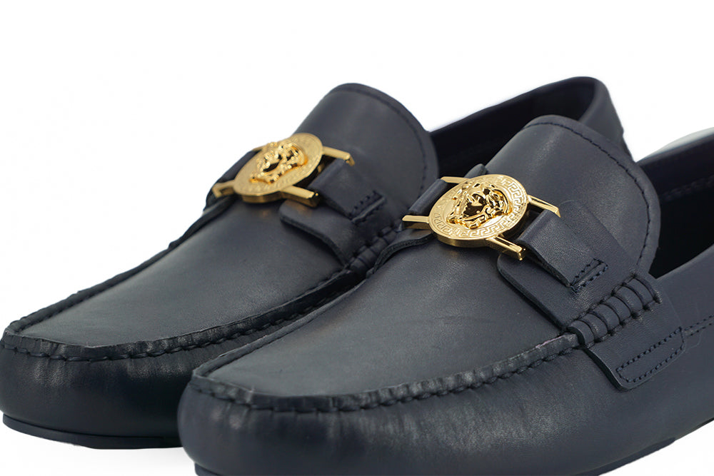 Versace Elegant Navy Blue Calf Leather Loafers Versace