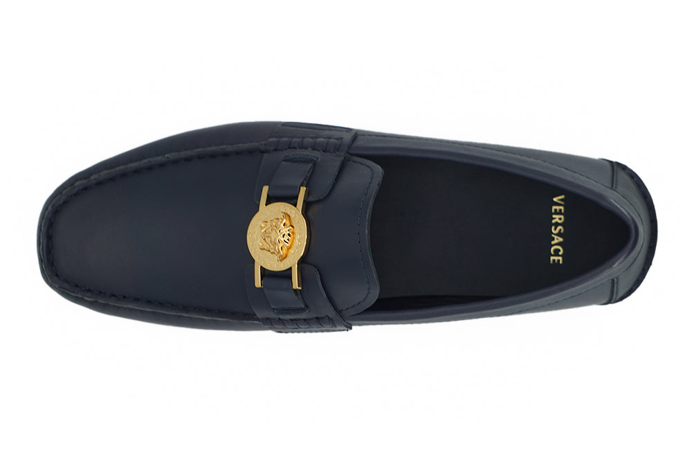 Versace Elegant Navy Blue Calf Leather Loafers Versace