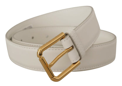 Dolce & Gabbana Chic White Leather Belt with Gold Engraved Buckle Dolce & Gabbana