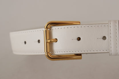 Dolce & Gabbana Chic White Leather Belt with Gold Engraved Buckle Dolce & Gabbana