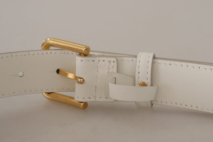 Dolce & Gabbana Chic White Leather Belt with Gold Engraved Buckle Dolce & Gabbana