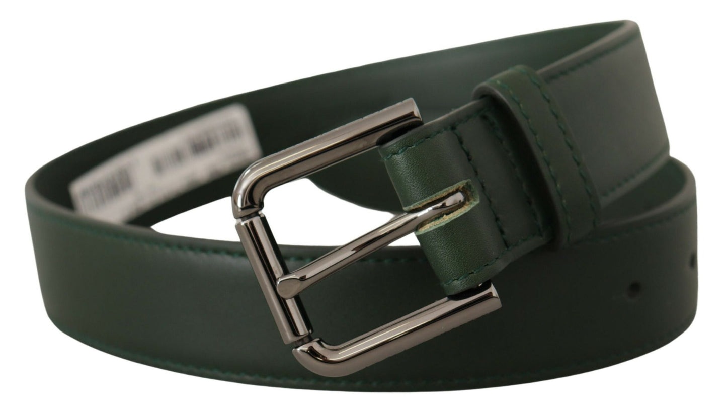 Dolce & Gabbana Elegant Dark Green Leather Belt with Logo Buckle Dolce & Gabbana