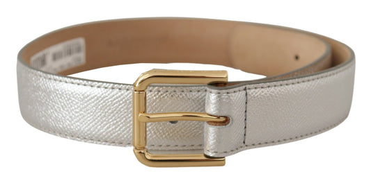 Dolce & Gabbana Elegant Silver Leather Belt with Engraved Buckle Dolce & Gabbana