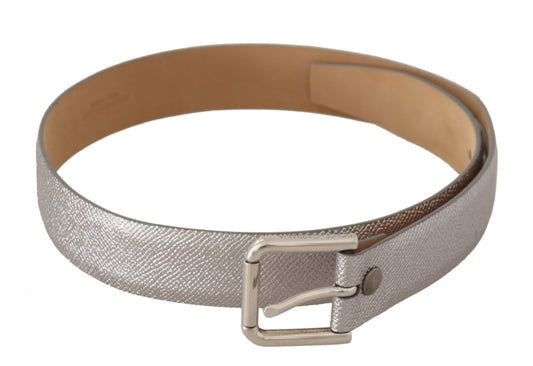 Dolce & Gabbana Elegant Silver Leather Belt with Engraved Buckle Dolce & Gabbana