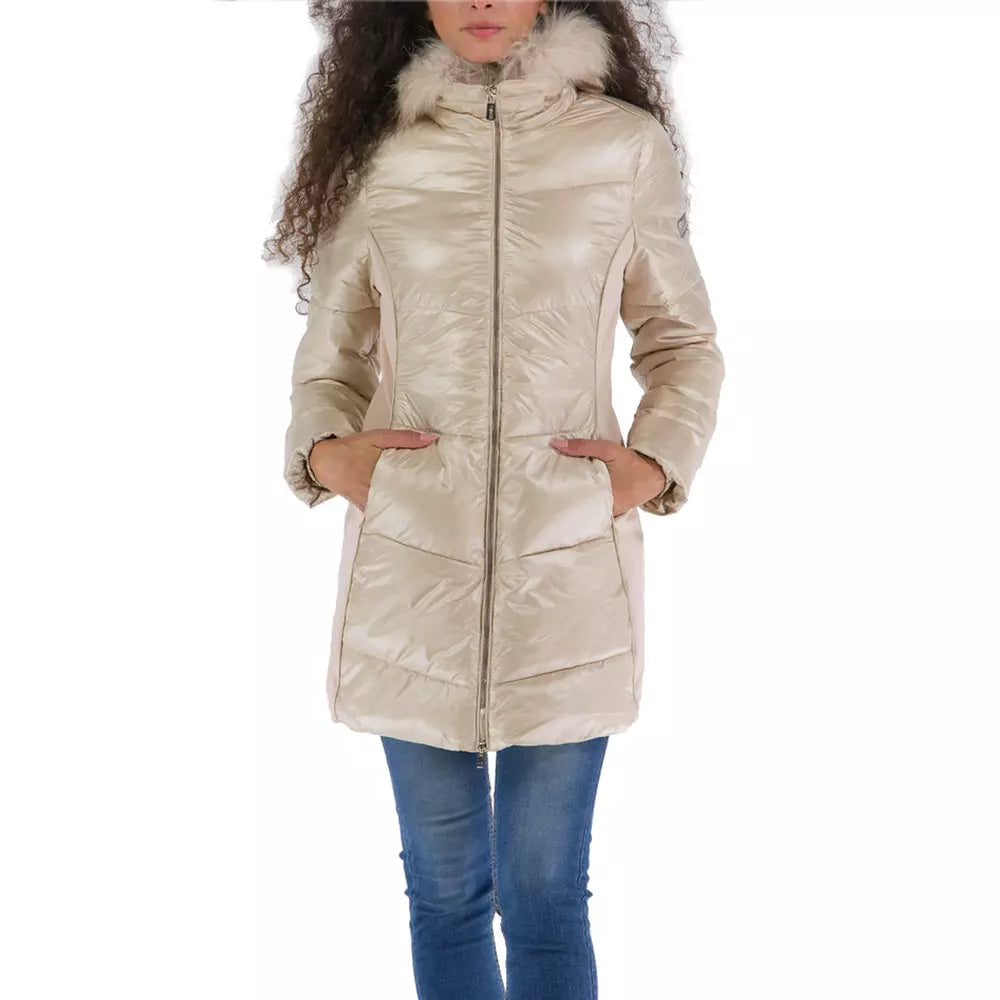 Yes Zee Elegant Beige Padded Jacket with Fur Hood Yes Zee