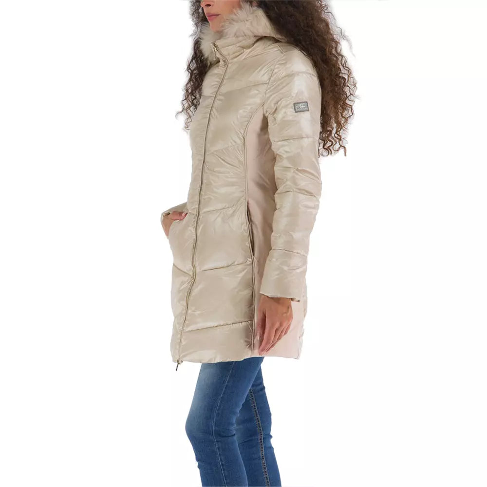 Yes Zee Elegant Beige Padded Jacket with Fur Hood Yes Zee