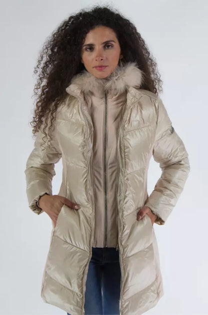 Yes Zee Elegant Beige Padded Jacket with Fur Hood Yes Zee