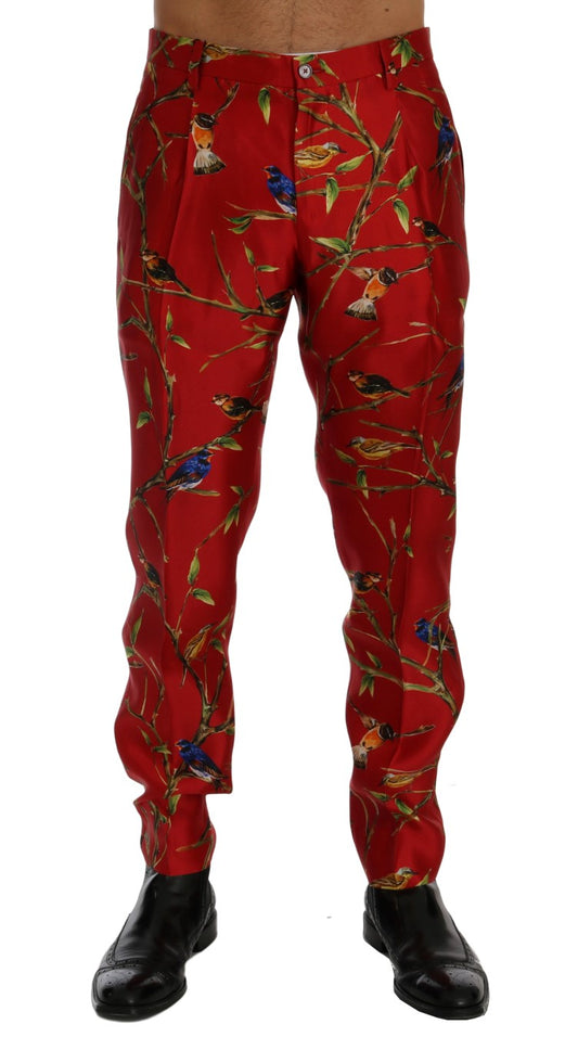 Dolce & Gabbana Elegant Silk Dress Trousers in Red Bird Print Dolce & Gabbana