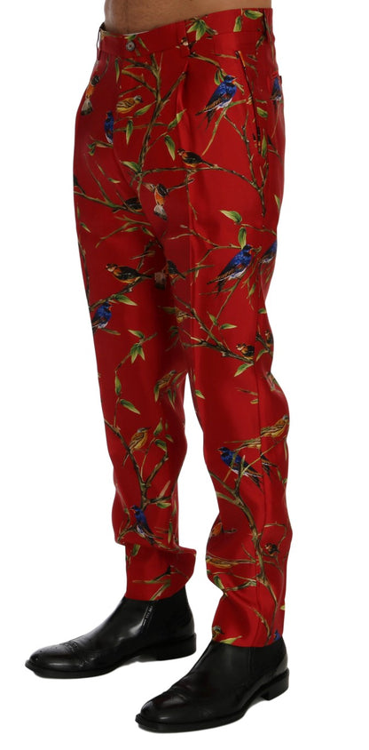 Dolce & Gabbana Elegant Silk Dress Trousers in Red Bird Print Dolce & Gabbana