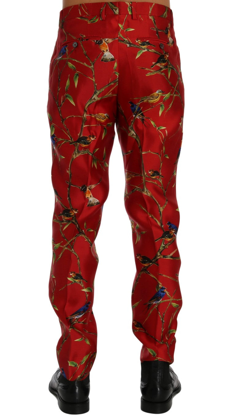 Dolce & Gabbana Elegant Silk Dress Trousers in Red Bird Print Dolce & Gabbana