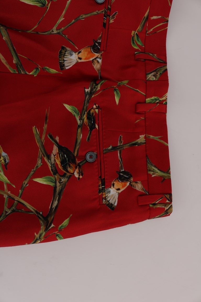 Dolce & Gabbana Elegant Silk Dress Trousers in Red Bird Print Dolce & Gabbana