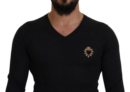 Dolce & Gabbana V-Neck Cashmere Sweater with Heart Embroidery Dolce & Gabbana