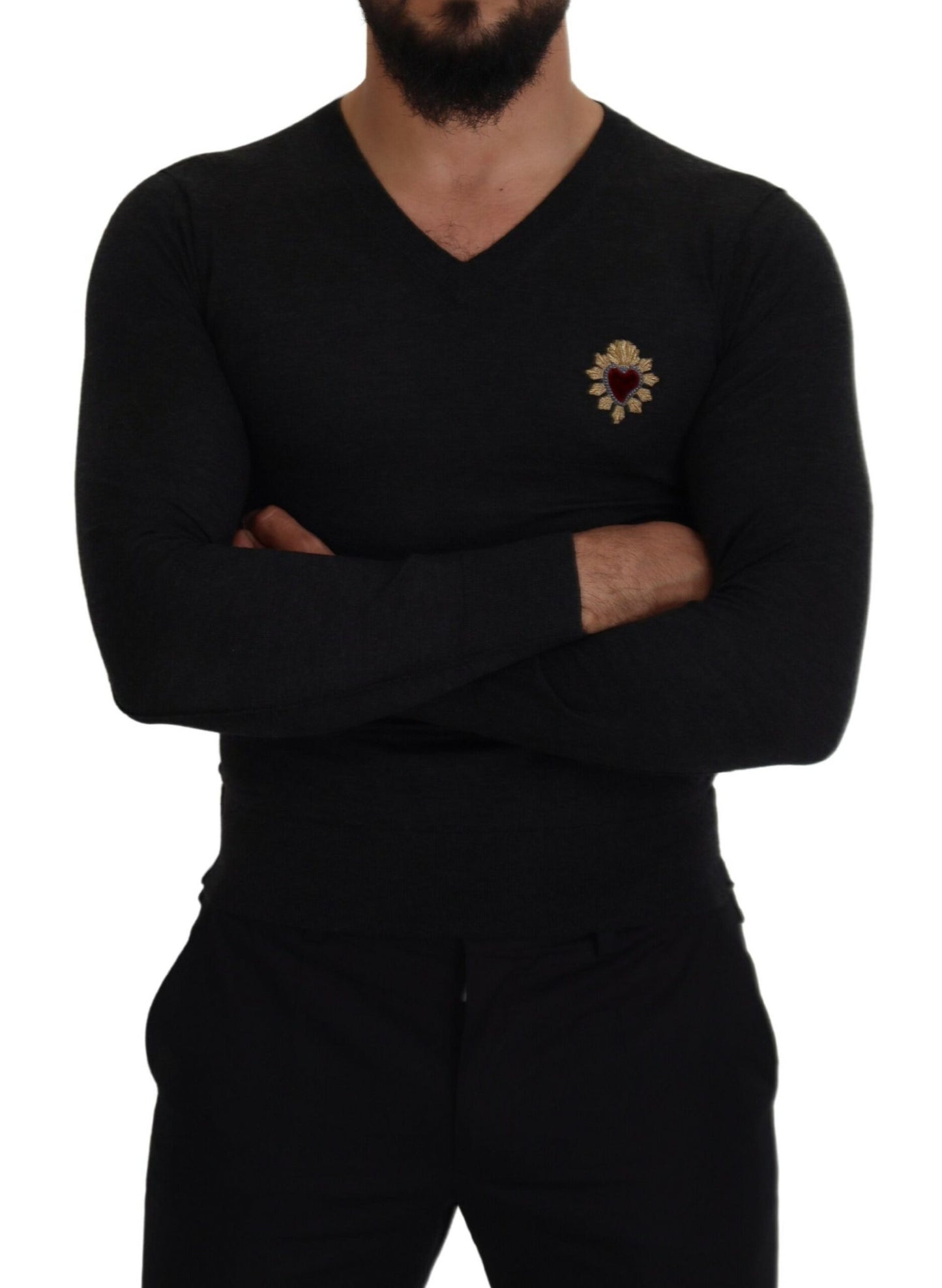 Dolce & Gabbana V-Neck Cashmere Sweater with Heart Embroidery Dolce & Gabbana