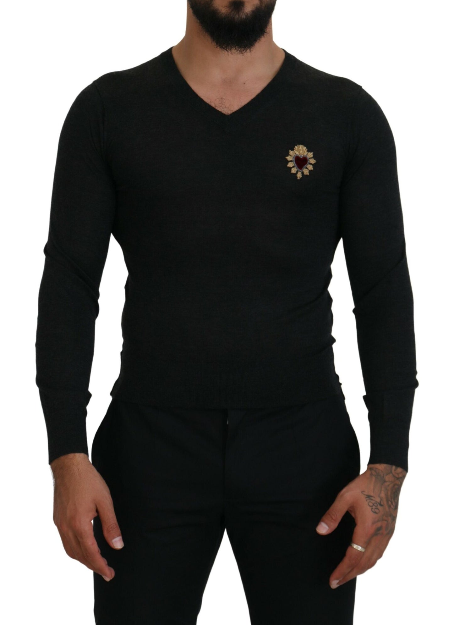 Dolce & Gabbana V-Neck Cashmere Sweater with Heart Embroidery Dolce & Gabbana