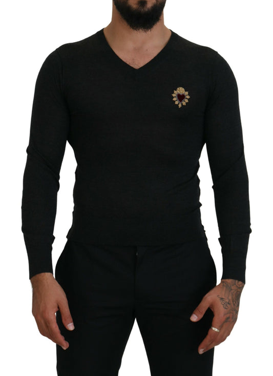 Dolce & Gabbana V-Neck Cashmere Sweater with Heart Embroidery Dolce & Gabbana