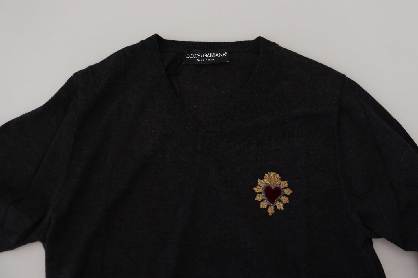 Dolce & Gabbana V-Neck Cashmere Sweater with Heart Embroidery Dolce & Gabbana