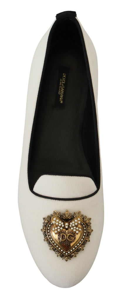 Dolce & Gabbana Elegant White Velvet Loafers with Gold Heart Detail Dolce & Gabbana