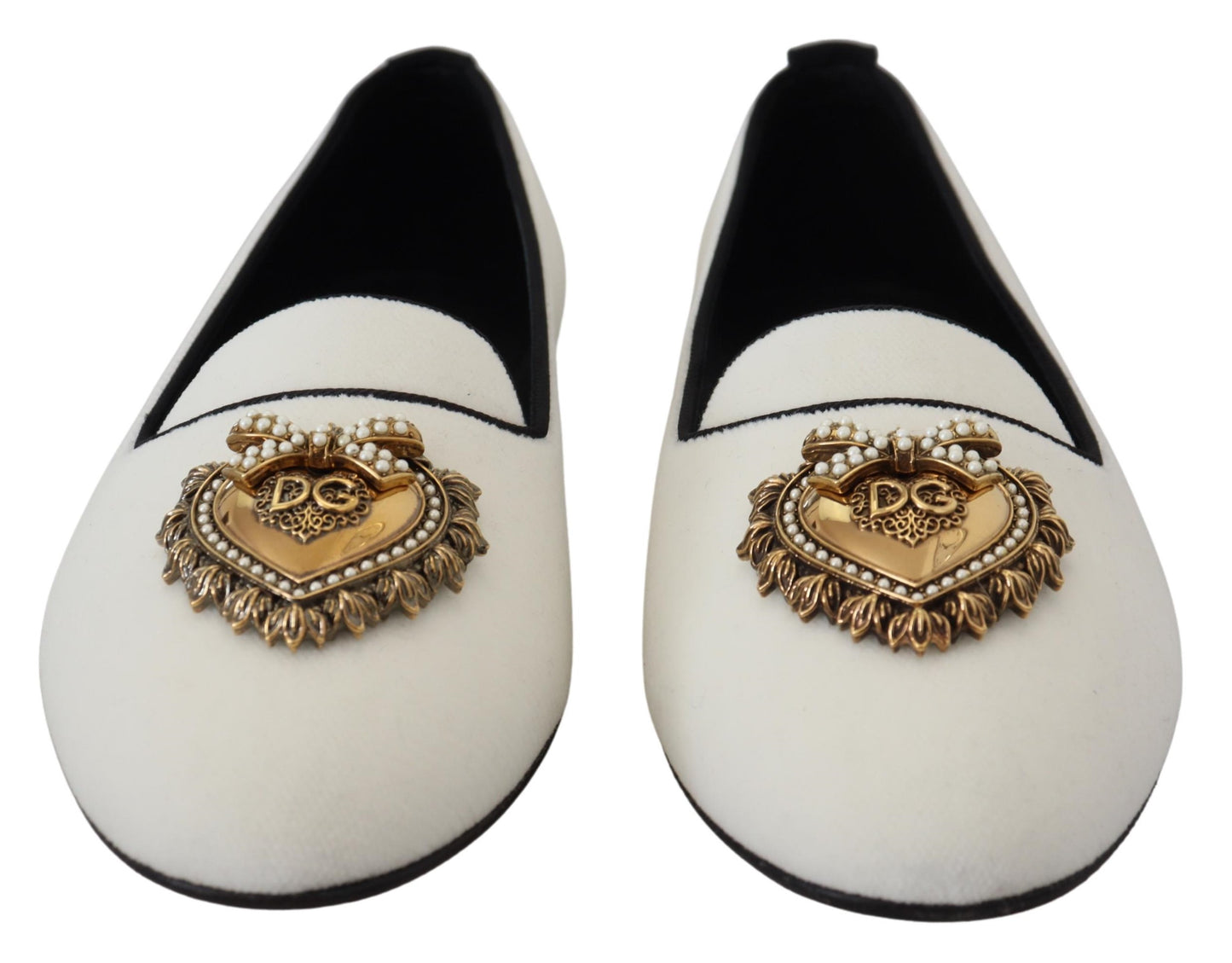 Dolce & Gabbana Elegant White Velvet Loafers with Gold Heart Detail Dolce & Gabbana