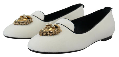 Dolce & Gabbana Elegant White Velvet Loafers with Gold Heart Detail Dolce & Gabbana