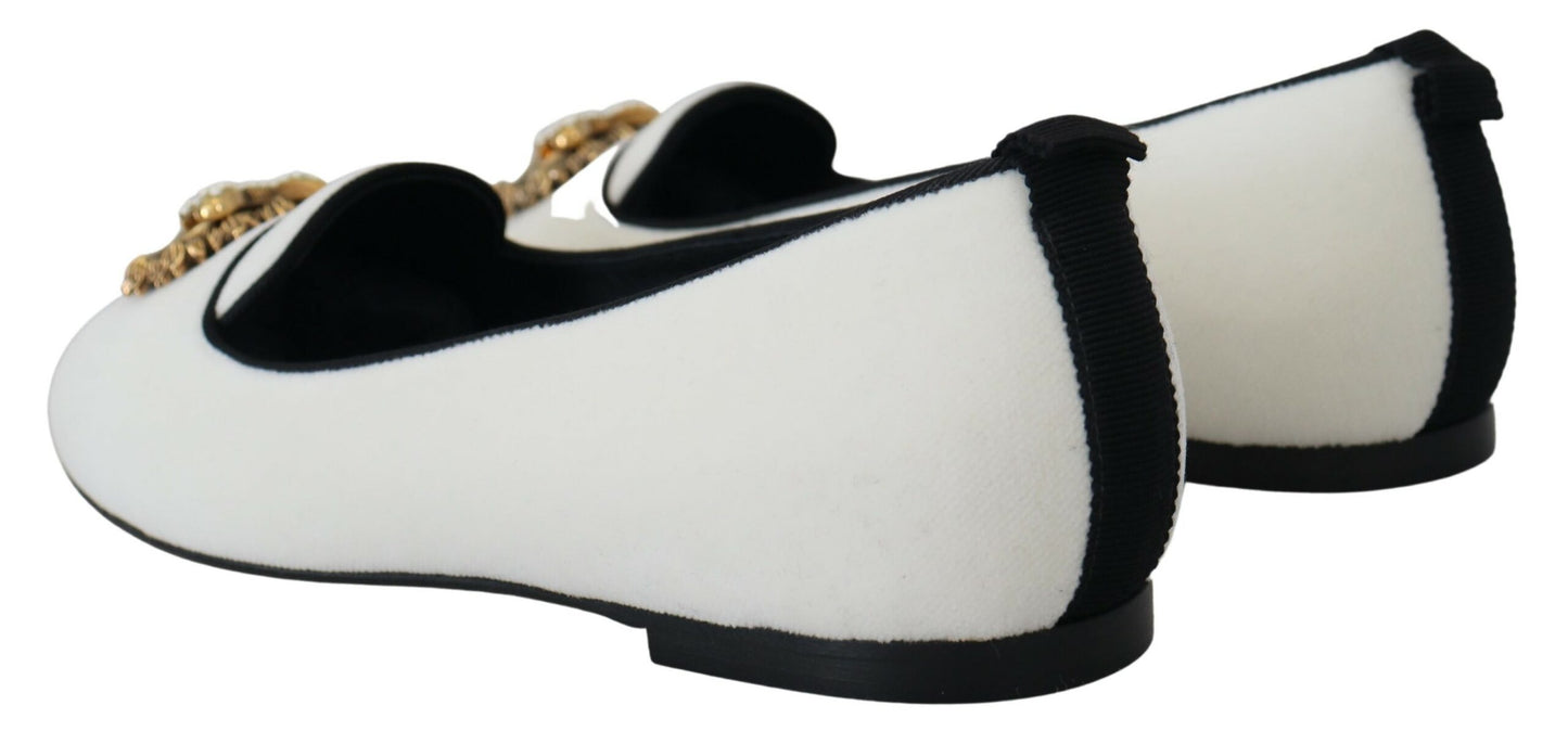 Dolce & Gabbana Elegant White Velvet Loafers with Gold Heart Detail Dolce & Gabbana