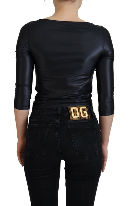 Dolce & Gabbana Elegant Black 3/4 Sleeve Top with Gold Detailing Dolce & Gabbana