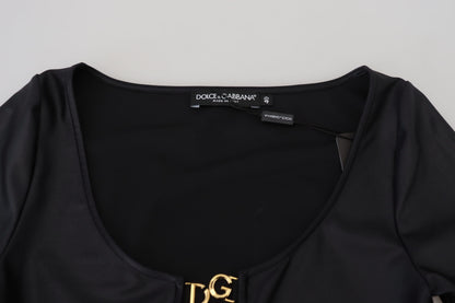 Dolce & Gabbana Elegant Black 3/4 Sleeve Top with Gold Detailing Dolce & Gabbana