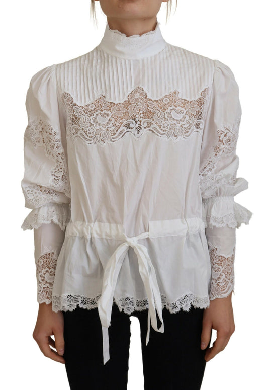 Dolce & Gabbana Elegant White Lace Trim Cotton Blouse Dolce & Gabbana