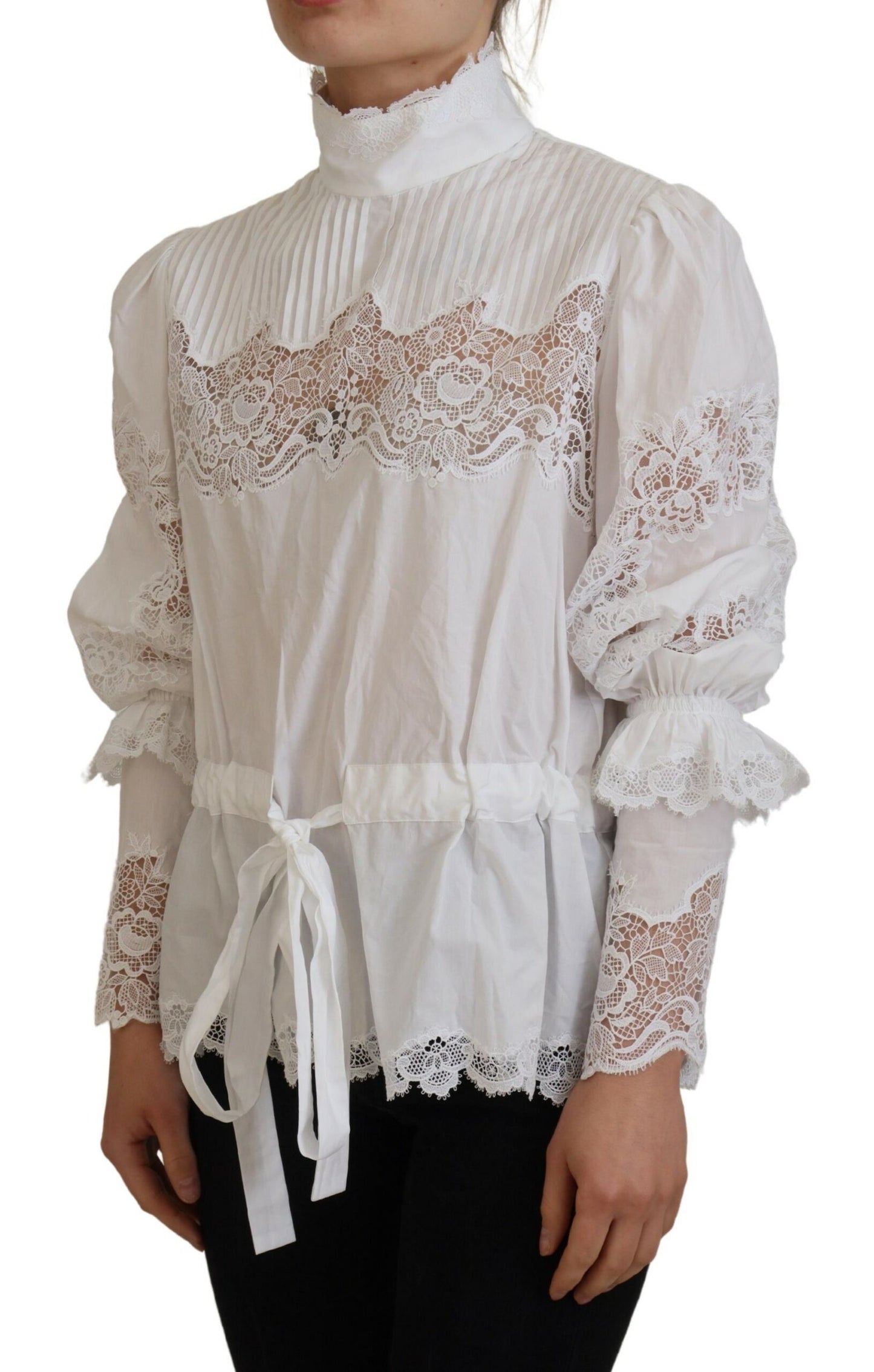 Dolce & Gabbana Elegant White Lace Trim Cotton Blouse Dolce & Gabbana