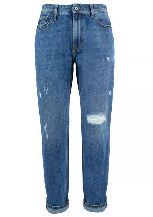 Yes Zee Timeless Blue Distressed Cotton Denim Yes Zee