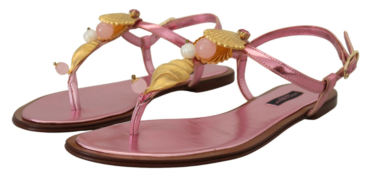 Dolce & Gabbana Chic Pink Leather Sandals with Exquisite Embellishment Dolce & Gabbana