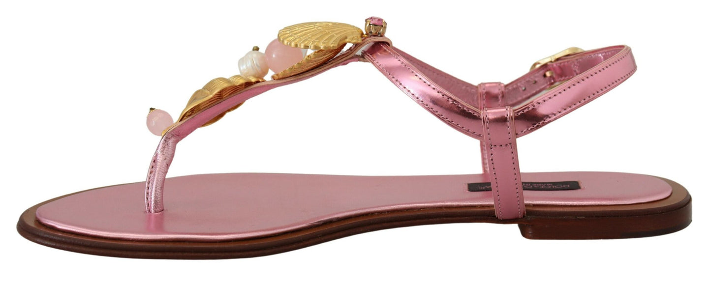 Dolce & Gabbana Chic Pink Leather Sandals with Exquisite Embellishment Dolce & Gabbana