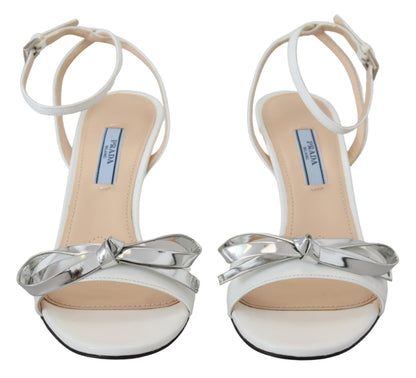 Prada Elegant Silver-White Leather Strap Heels Prada