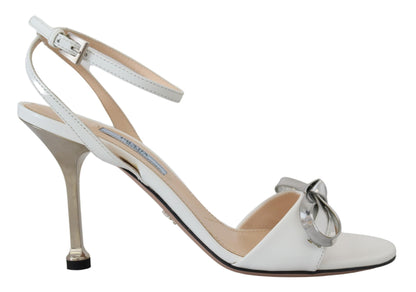 Prada Elegant Silver-White Leather Strap Heels Prada