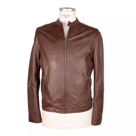 Emilio Romanelli Elegant Brown Leather Jacket with Snap Collar Emilio Romanelli