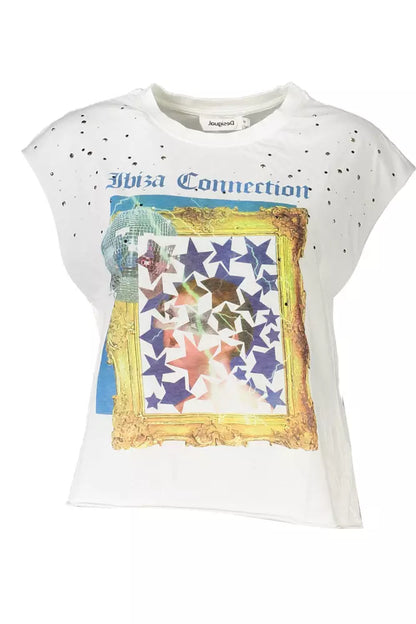 Desigual Chic Sleeveless White Tee with Print & Contrast Details Desigual