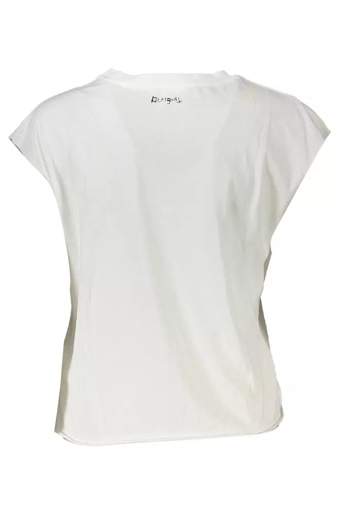 Desigual Chic Sleeveless White Tee with Print & Contrast Details Desigual